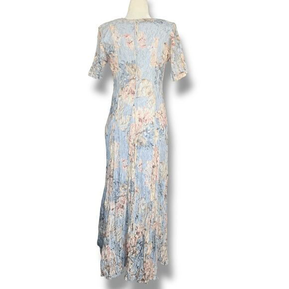 Vintage 90s Crinkle Lace Panels Maxi Dress Medium Pastel Blue Floral Pattern - Picture 3 of 9